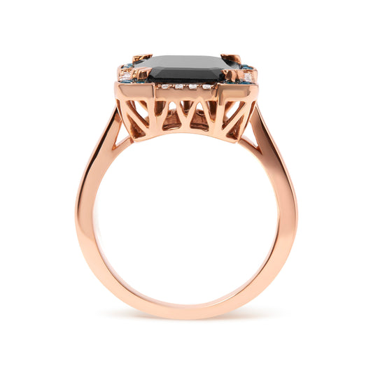 14K Rose Gold 15x10 MM Emerald-Cut Black Onyx and 1/5 Cttw Blue and White Diamond Halo Cocktail Ring (G-H Color, SI1-SI2 Clarity)- Size 7 Bids.com