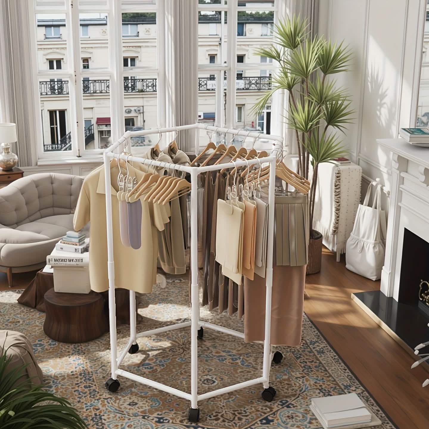 360° Rotating Freestanding Clothing Rack – Hexagonal Carbon Steel Organizer with Wheels DailySale
