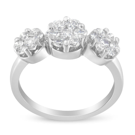 14K White Gold 1-1/4 Cttw Brilliant Cut Diamond Three Round Floral Clusters Engagement or Fashion Ring (H-I Color, SI2-I1 Clarity) - Size 6 Bids.com