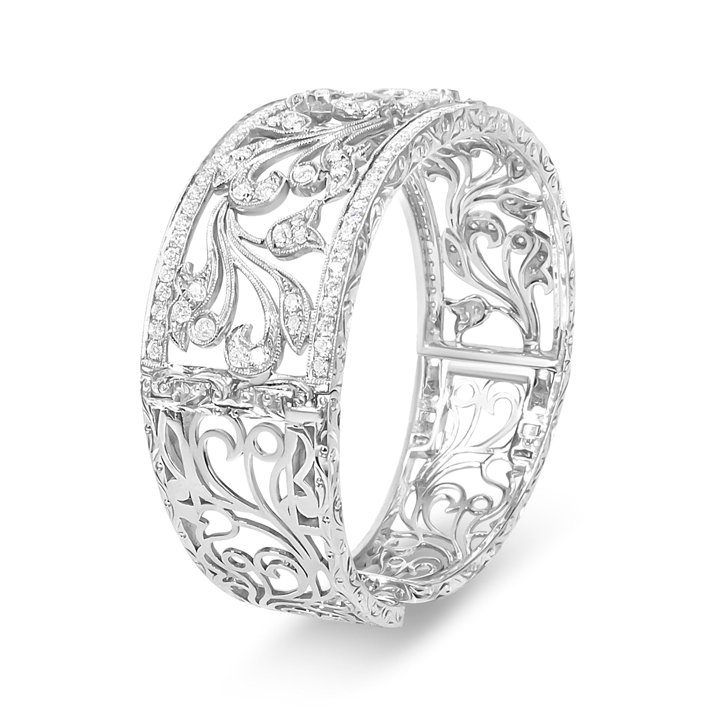 18K White Gold 3 1/4 Cttw Pave Diamond Openwork Floral Filigree Swirl Bangle Cuff Bracelet (H-I Color, VS2-SI1 Clarity) Bids.com