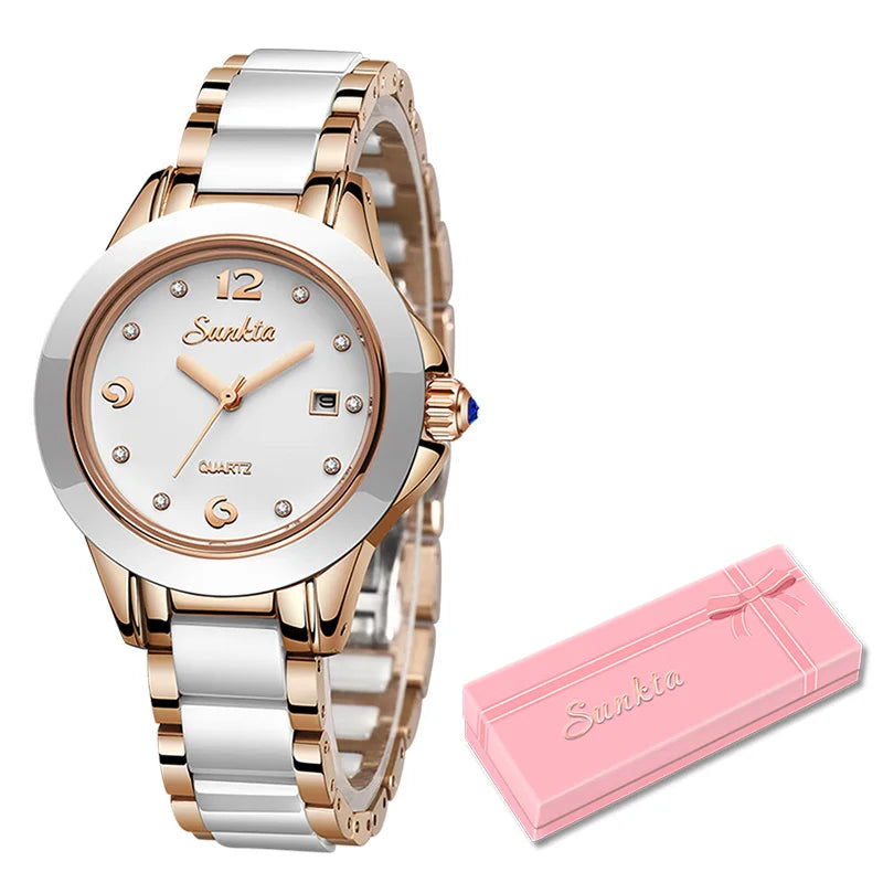 Women's Ceramic Stainless Steel Dress Watch With Date BandsCo Straps