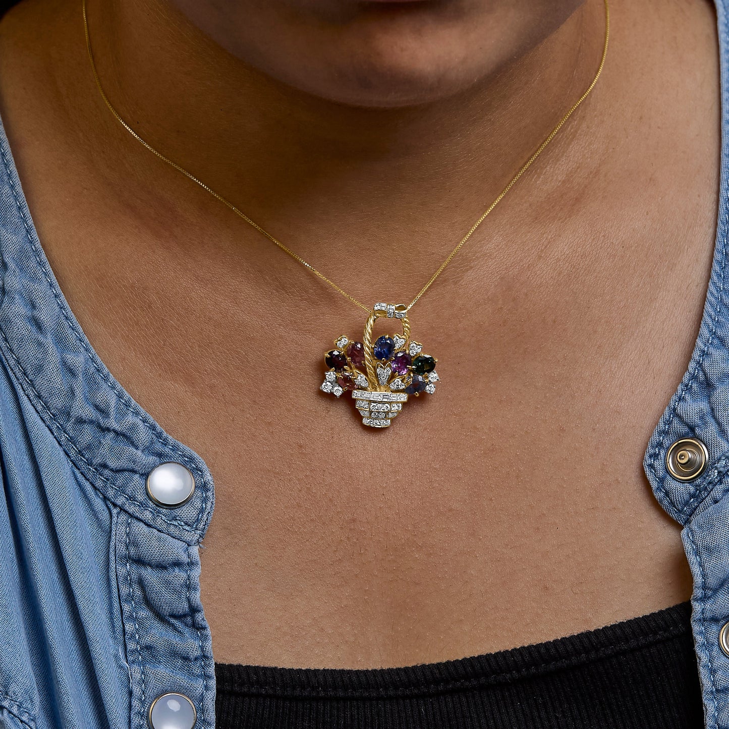 18K Yellow Gold 1 1/10 Cttw Diamond and Mixed Gemstone Floral Bouquet Pendant and Brooch Pin (G-H Color, VS1-VS2 Clarity) Bids.com