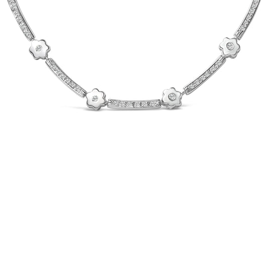 14K White Gold 1.0 Cttw Diamond Flower and Bar Station Necklace Bids.com