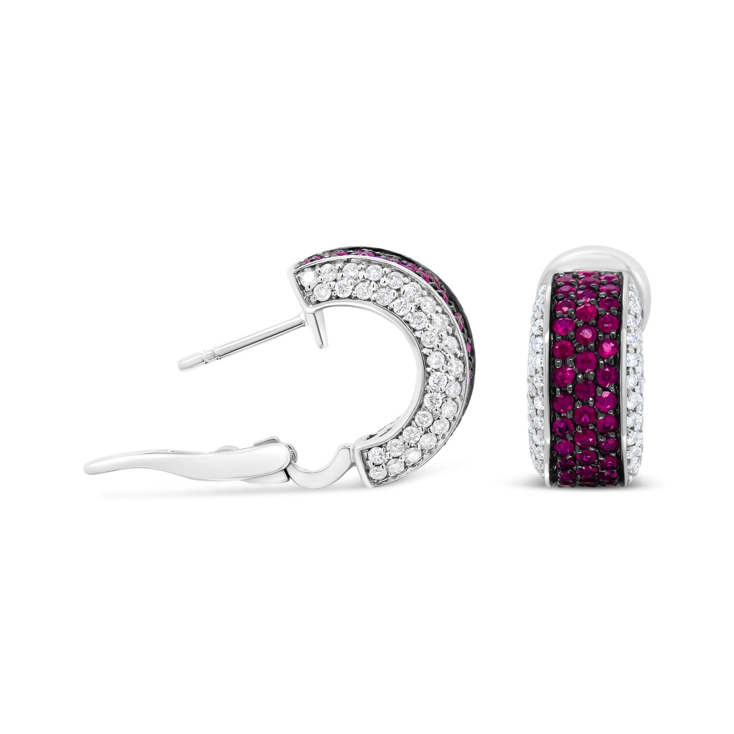 18K White Gold and Black Rhodium Plated 3/4 Cttw Round Diamonds and 1mm Round Red Ruby Huggie Hoop Earrings (F-G Color, VS1-VS2 Clarity) Bids.com