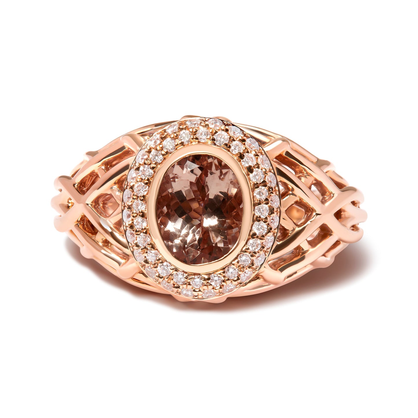 14K Rose Gold Oval Cut Light Pink Morganite and 3/8 Cttw Diamonds Halo and Basket Weave Cocktail Ring (G-H Color, SI1-SI2 Clarity) - Size 7 Bids.com
