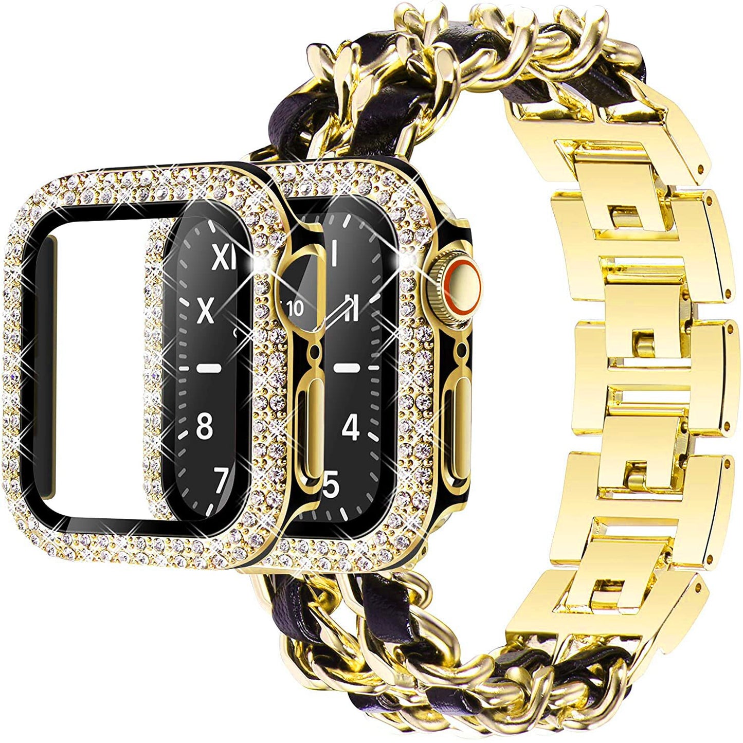 Luxury Cowboy Chain with Leather + Bling Sparkle Protective Case Screen Protector for Apple Watch - Wristwatchstraps.co