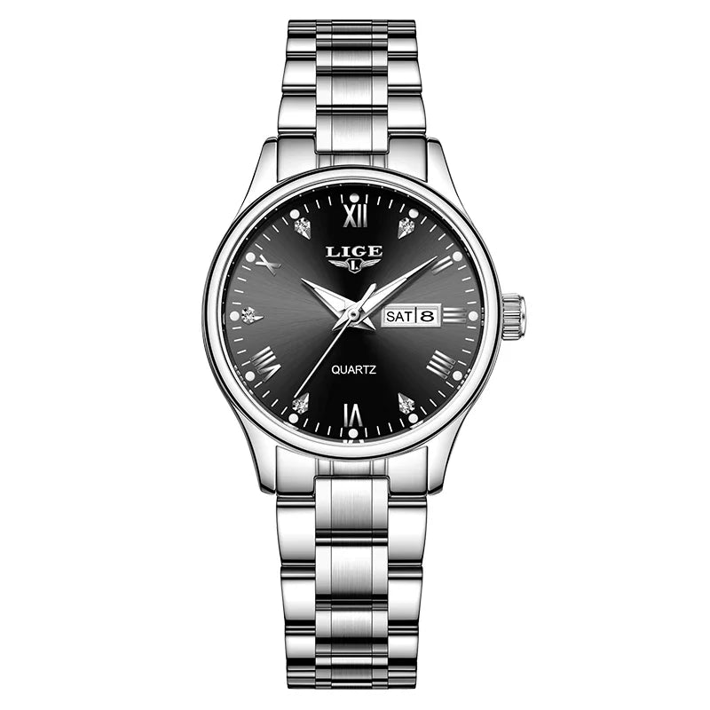 Women's Black Stainless Steel Diamond Dial Quartz Watch BandsCo Straps