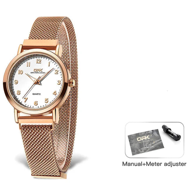 Women's Rose Gold Mesh Quartz Watch Slim Luminous Waterproof BandsCo Straps