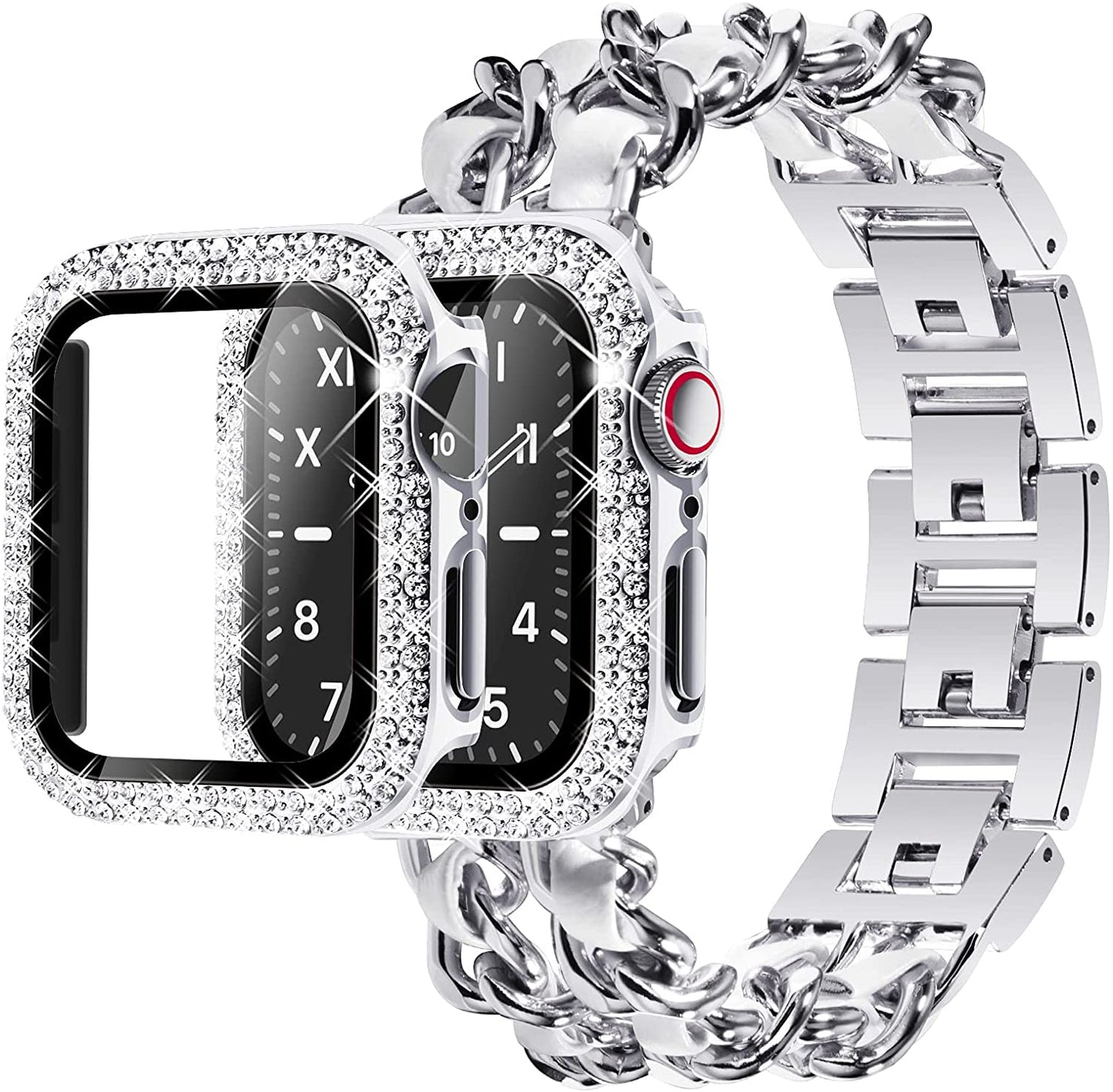 Luxury Cowboy Chain with Leather + Bling Sparkle Protective Case Screen Protector for Apple Watch - Wristwatchstraps.co