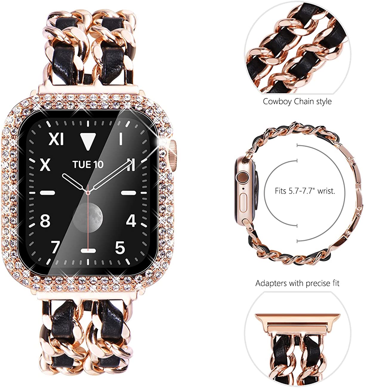 Luxury Cowboy Chain with Leather + Bling Sparkle Protective Case Screen Protector for Apple Watch - Wristwatchstraps.co