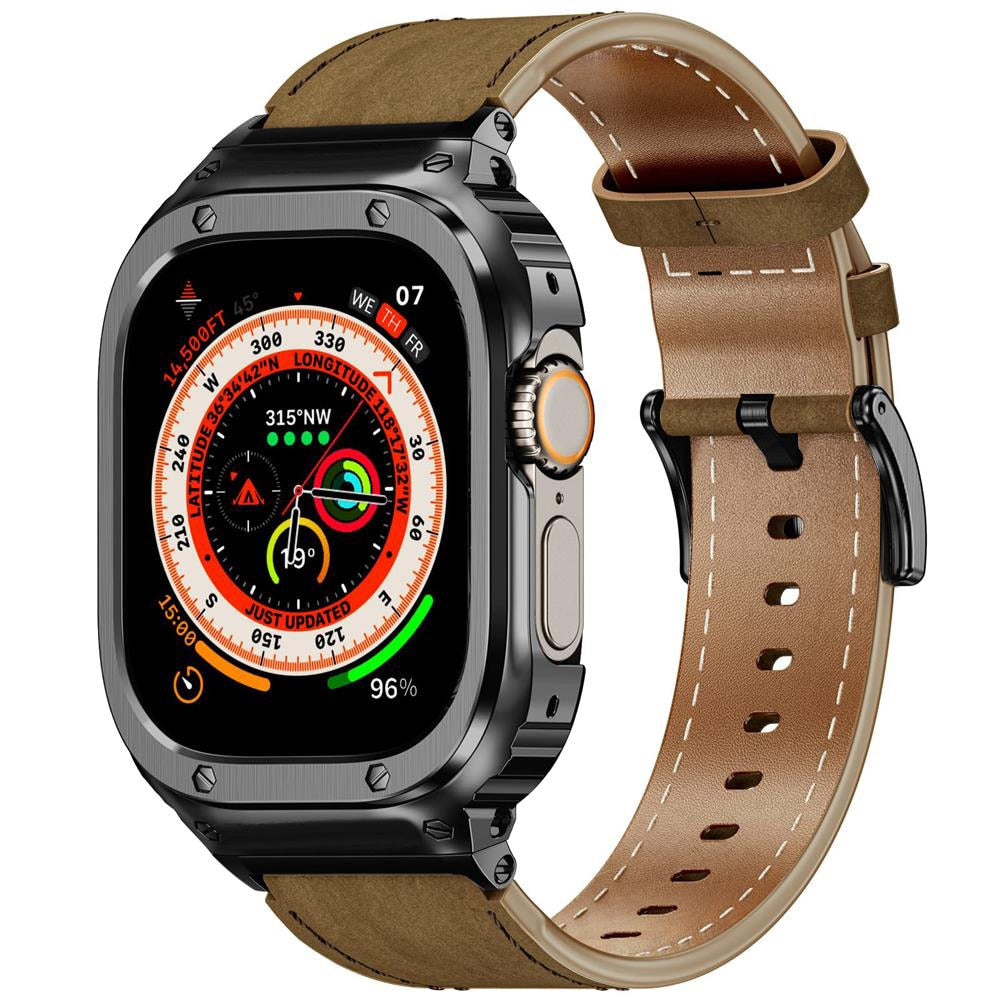 Stainless Steel Metal Case+Genuine Leather Strap For Apple Watch - Wristwatchstraps.co