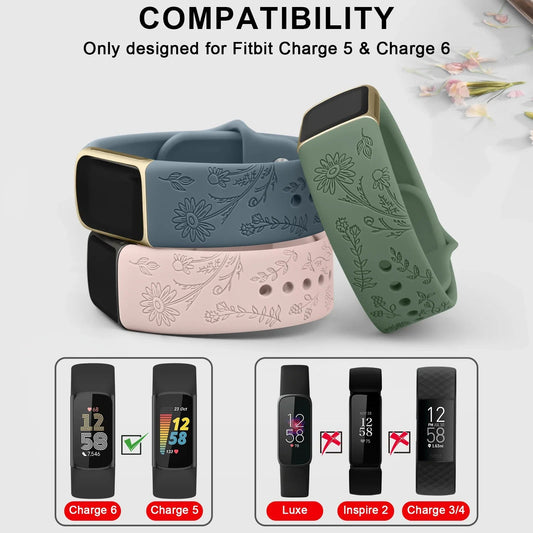 Fitbit Charge 5 6 Silicone Flower Engraved Soft Strap BandsCo Straps