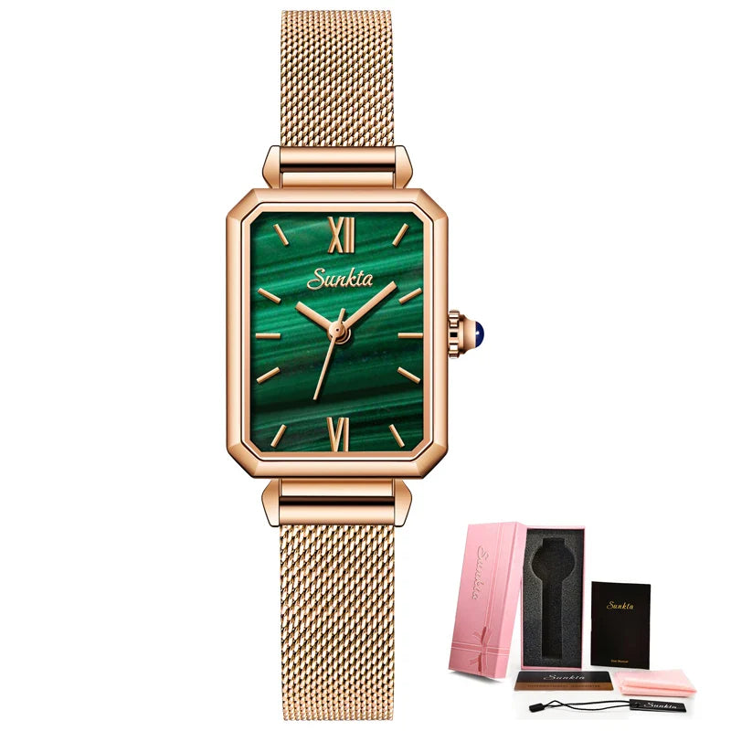 Women's Rectangular Green Dial Mesh Band Quartz Watch BandsCo Straps