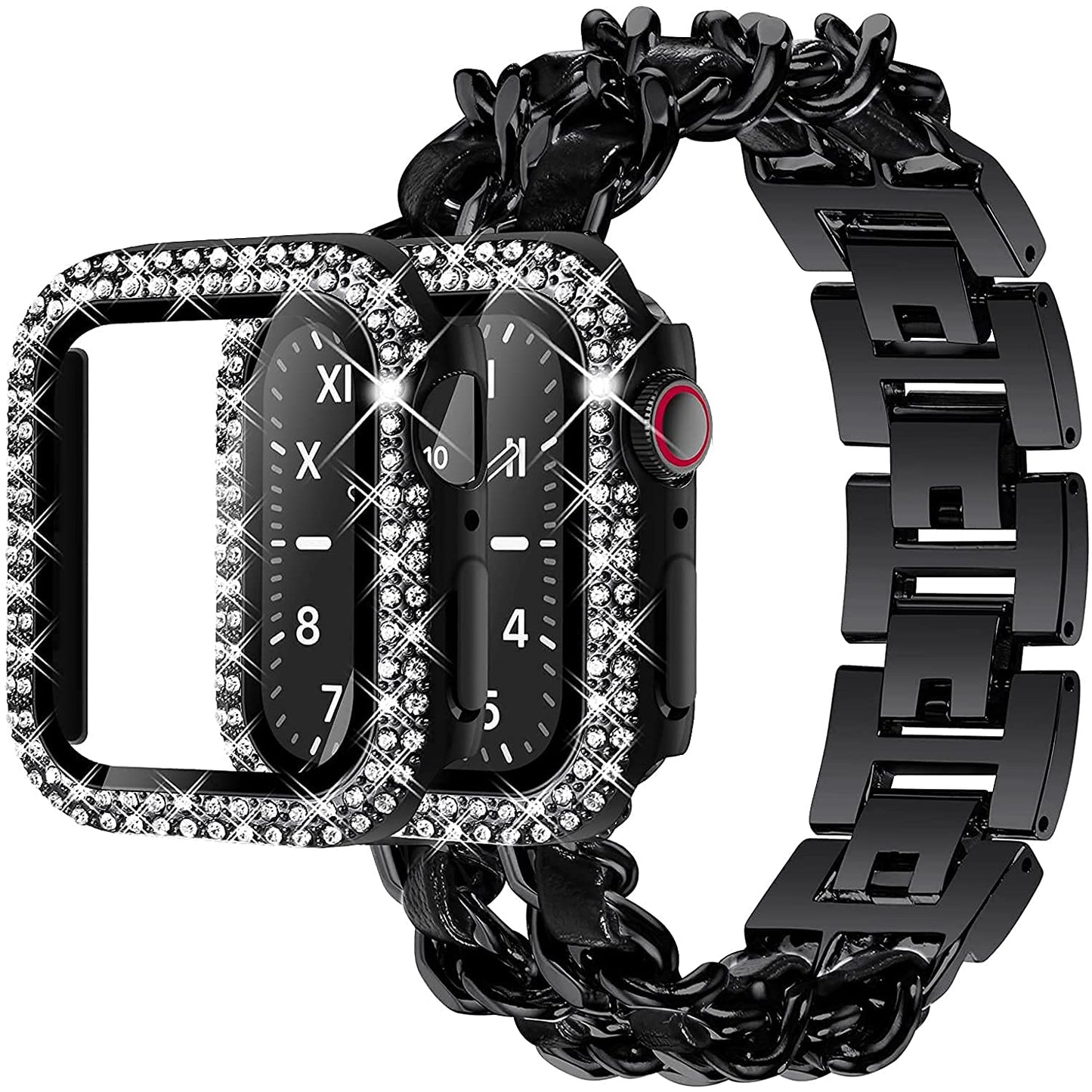 Luxury Cowboy Chain with Leather + Bling Sparkle Protective Case Screen Protector for Apple Watch - Wristwatchstraps.co