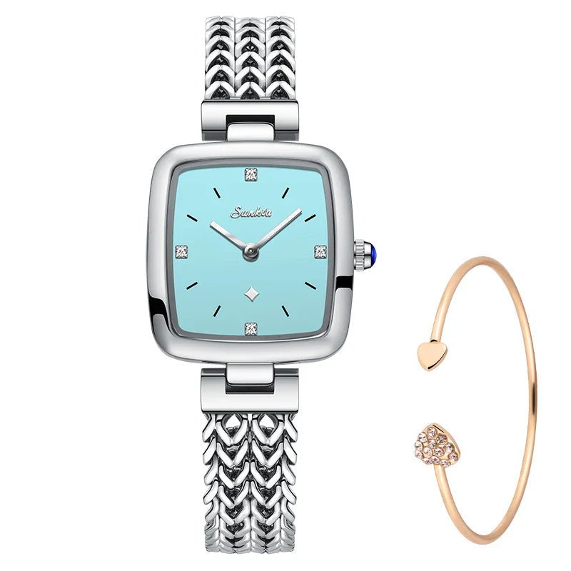 Women's Square Stainless Steel Slim Quartz Watch Bracelet BandsCo Straps