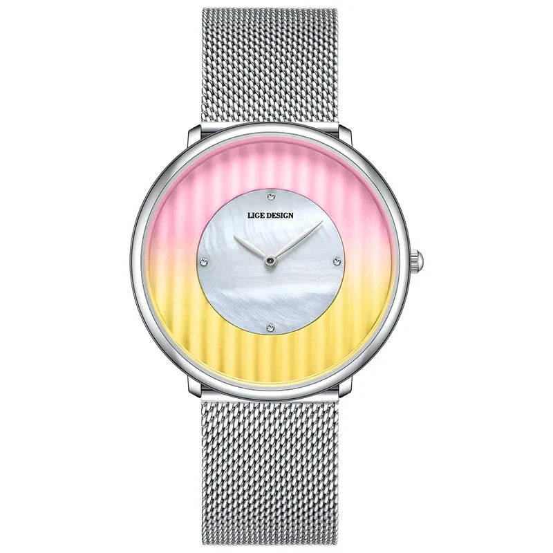 Women's Slim Mesh Band Watch Pink Blue Gradient Quartz BandsCo Straps