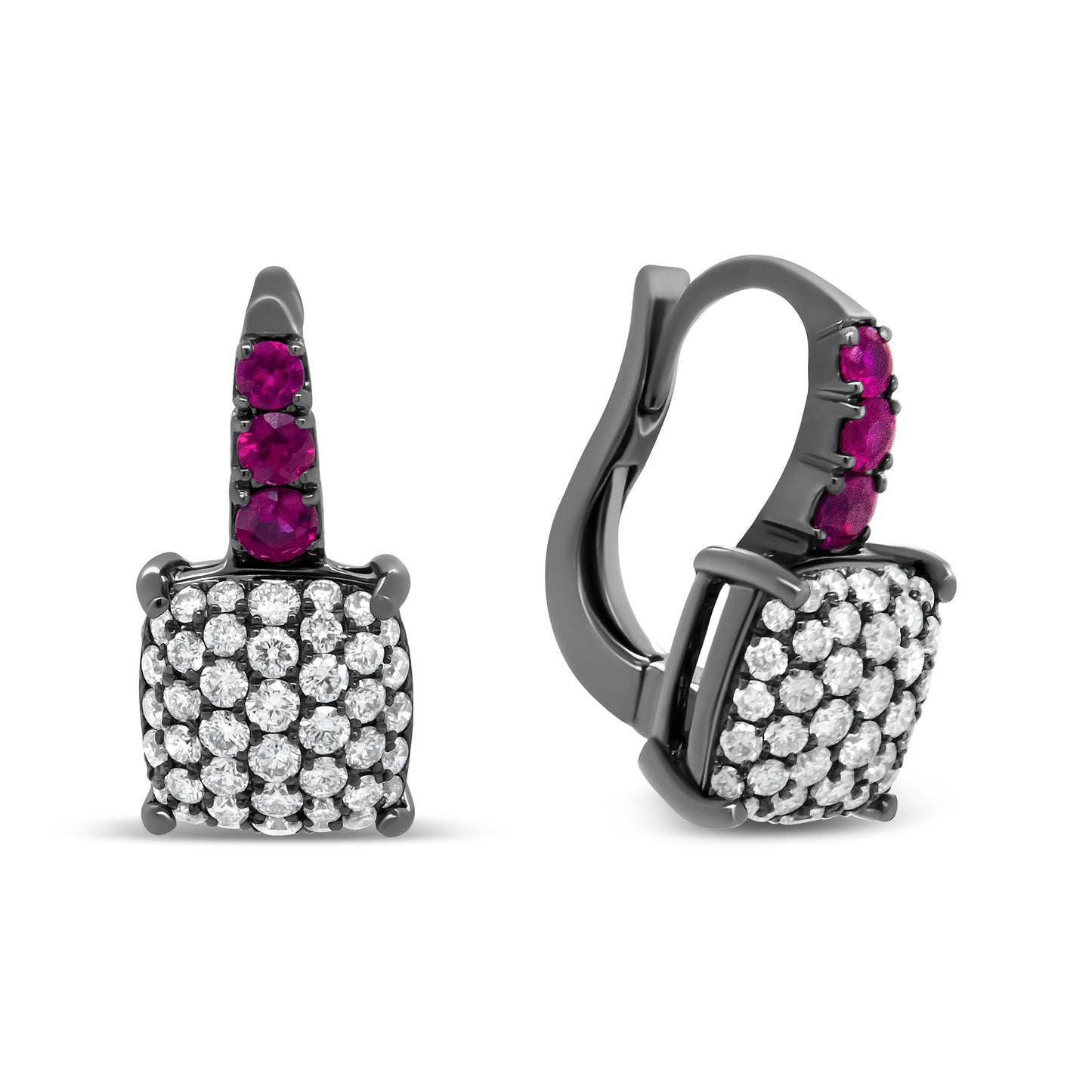 Black Rhodium Plated 18K White Gold 7/8 Cttw Round Diamond and Graduated Red Ruby Drop Earrings (F-G Color, VS1-VS2 Clarity) Bids.com