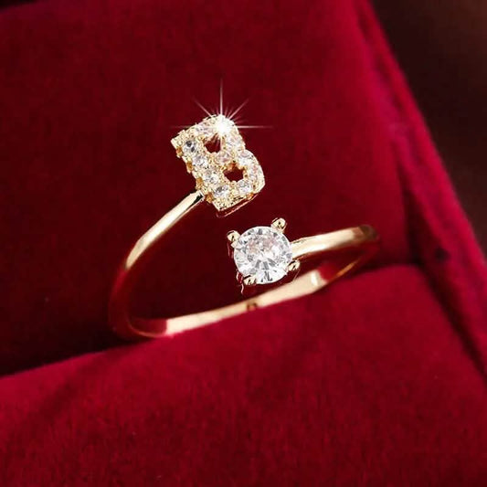 Adjustable Copper Initial Ring with Four-Claw Round Zirconia DailySale