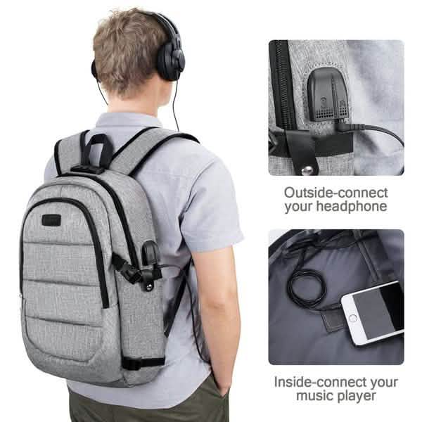 Anti Theft Waterproof Classic Backpack with USB Charging Port and Headphone Interface DailySale