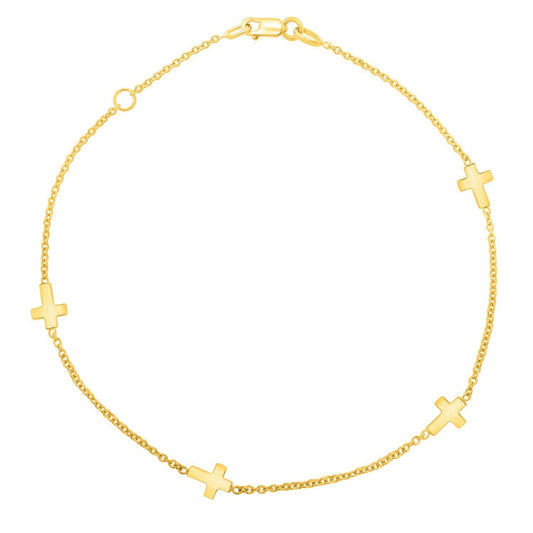 14k Yellow Gold Polished Station Cross Anklet (1.00 mm) Bids.com