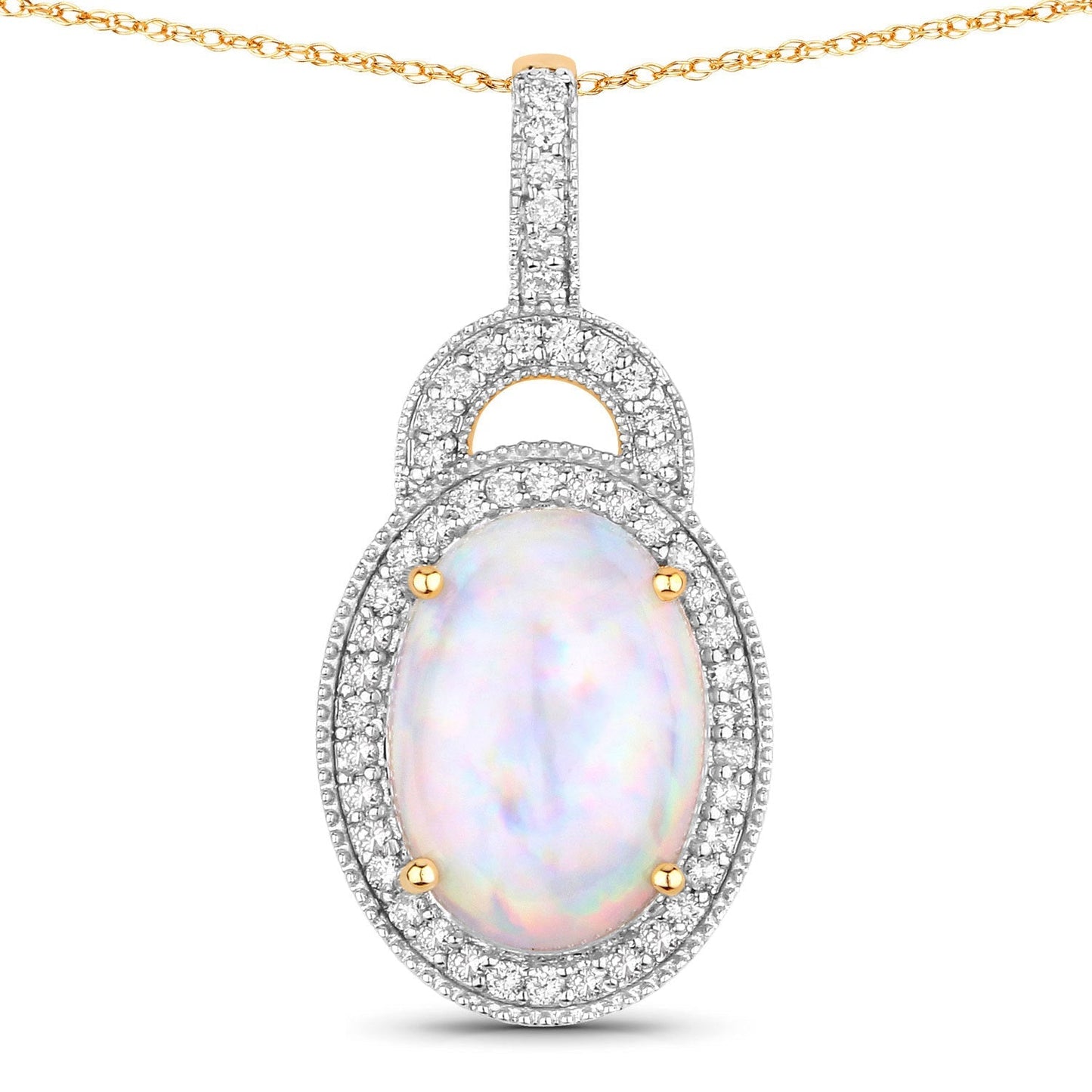3.30 Carat Genuine Ethiopian Opal and White Diamond 14K Yellow Gold Pendant Bids.com