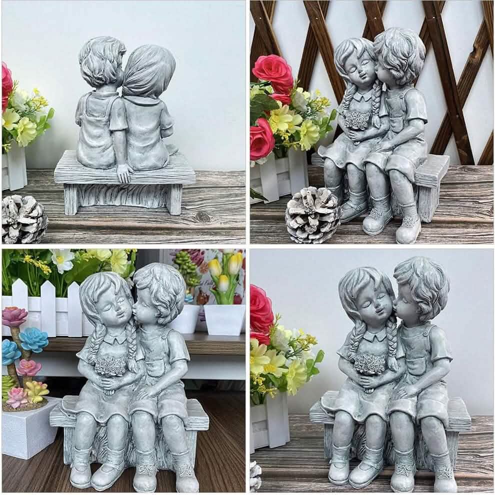 Boy Kissing Girl Statue Sitting on Bench Figurine DailySale