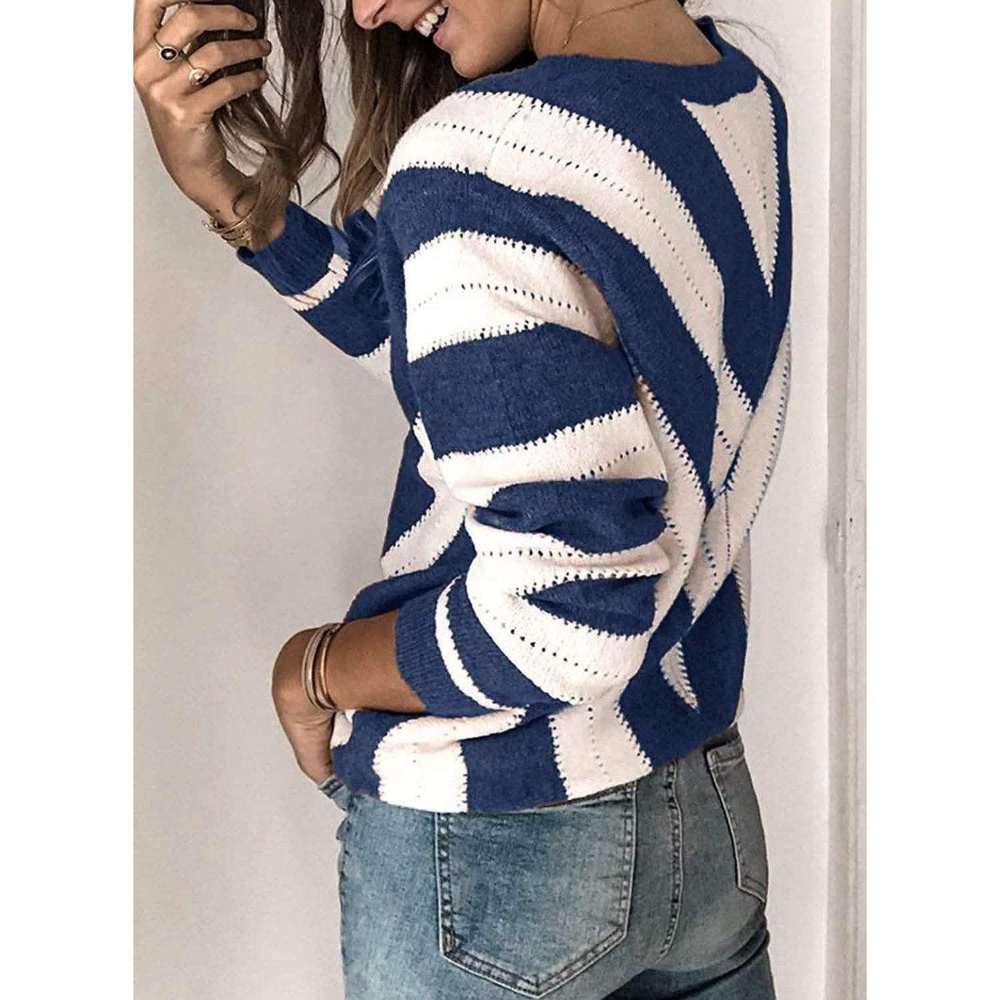 Color Block Striped V Neck Sweater for Women Long Sleeve Knit Pullover Jumper Tops DailySale