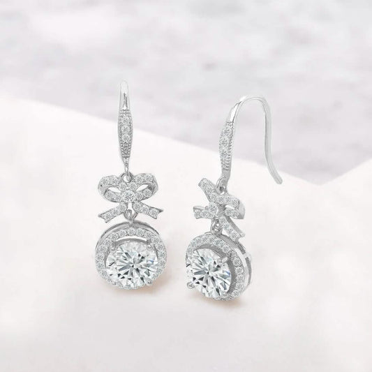 Crystal Bow and Halo Drop Earrings in 18K White Gold DailySale