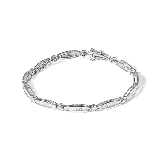 14K White Gold 1-1/2 Cttw Round Brilliant-Cut & Baguette Cut Diamond Bezel and Tapered Link 7" Tennis Bracelet (H-I Color, I1-I2 Clarity) Bids.com