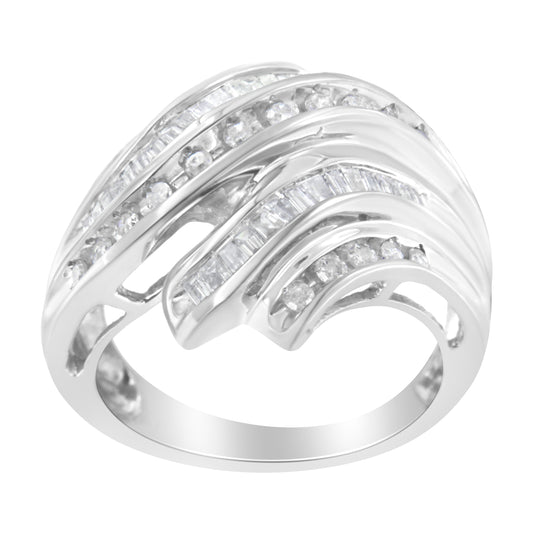 10K White Gold Round and Baguette Cut Diamond Channel Ring (3/4 Cttw, H-I Color, SI2-I1 Clarity) - Size 7 Bids.com