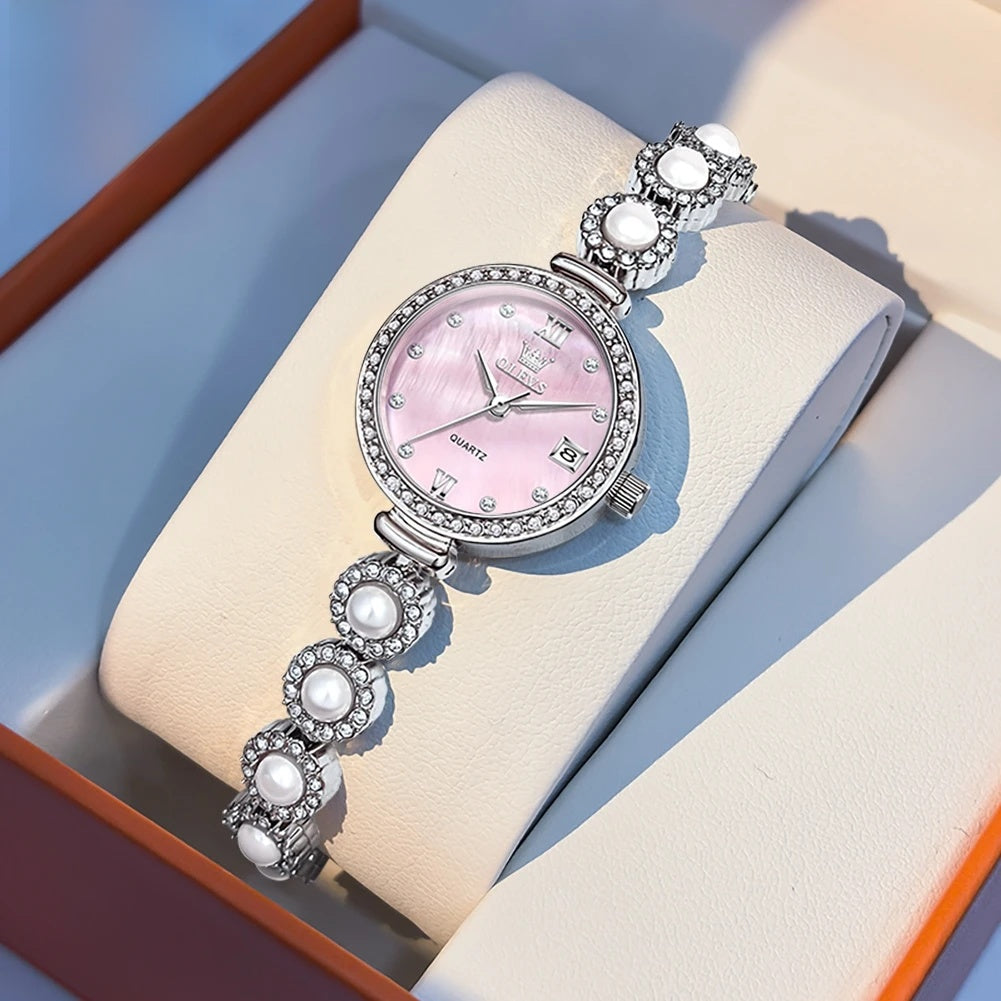 Women's Gold Pearl Bracelet Watch Quartz Date Elegant BandsCo Straps