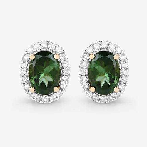 1.92 Carat Genuine Green Tourmaline and White Diamond 14K Yellow Gold Earrings Bids.com