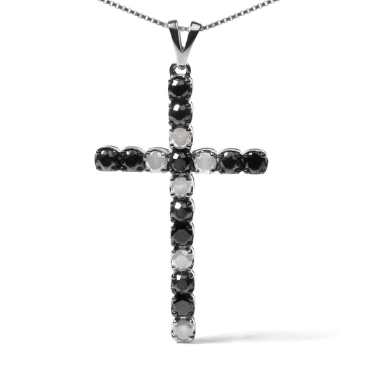 .925 Sterling Silver 2.0 Cttw Prong Set Round Natural Treated Black and White Diamond Cross Pendant Necklace - 18" (Black/H-I Color, I3 Clarity) Bids.com