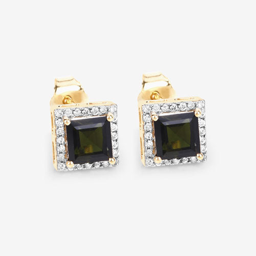 1.55 Carat Genuine Green Tourmaline and White Diamond 14K Yellow Gold Earrings Bids.com