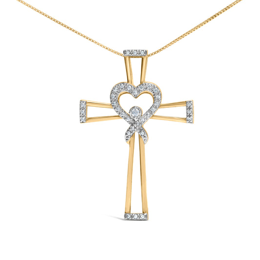 14K Yellow Gold Plated .925 Sterling Silver 1/6 Cttw Diamond Interlocking Heart and Ribbon Cross Pendant Necklace (H-I Color, I2-I3 Clarity) - 18" Inches Bids.com