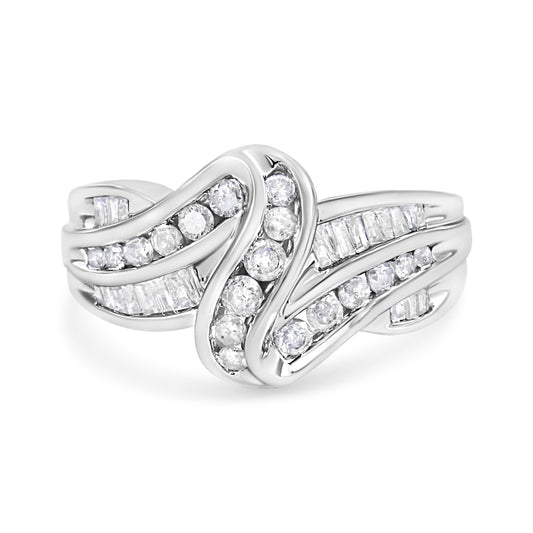 10K White Gold Ring 3/4 Cttw Round and Baguette-Cut Diamond Bypass Ring (H-I Color, I2-I3 Clarity) - Size 6 Bids.com