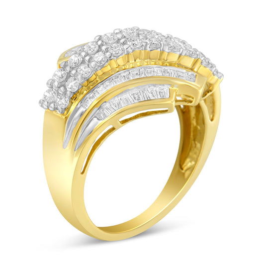 10K Yellow Gold 1.0 Cttw Round & Baguette Cut Diamond 64 Stone Bypass Style Channel Set Modern Statement Ring (H-I Color, SI1-SI2 Clarity) - Size 6 Bids.com