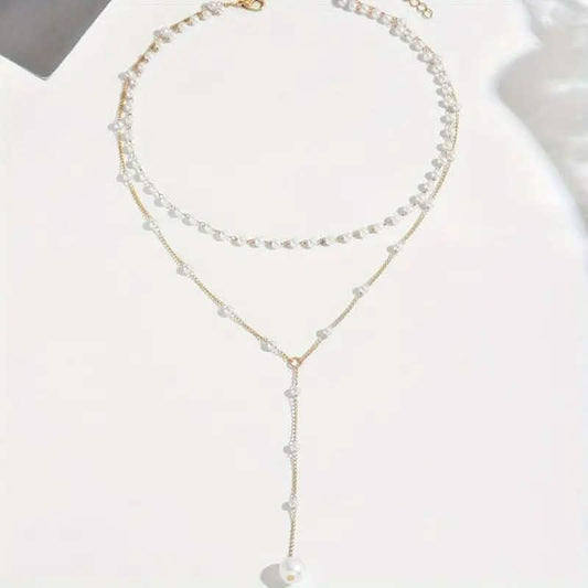 Elegant Vintage Style Double-Layer Pendant Necklace with Imitation Pearl Accents and Tassel Drop DailySale