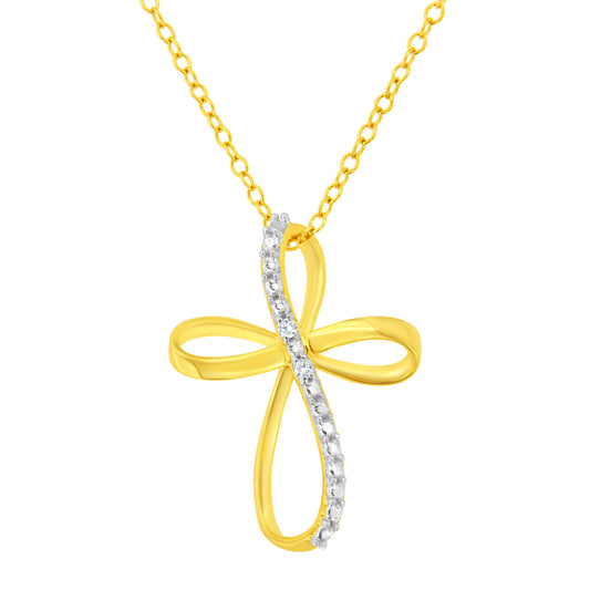 10K Yellow Gold Plated .925 Sterling Silver Diamond Accent Cross Ribbon 18" Pendant Necklace (I-J Color, I2-I3 Clarity) Bids.com