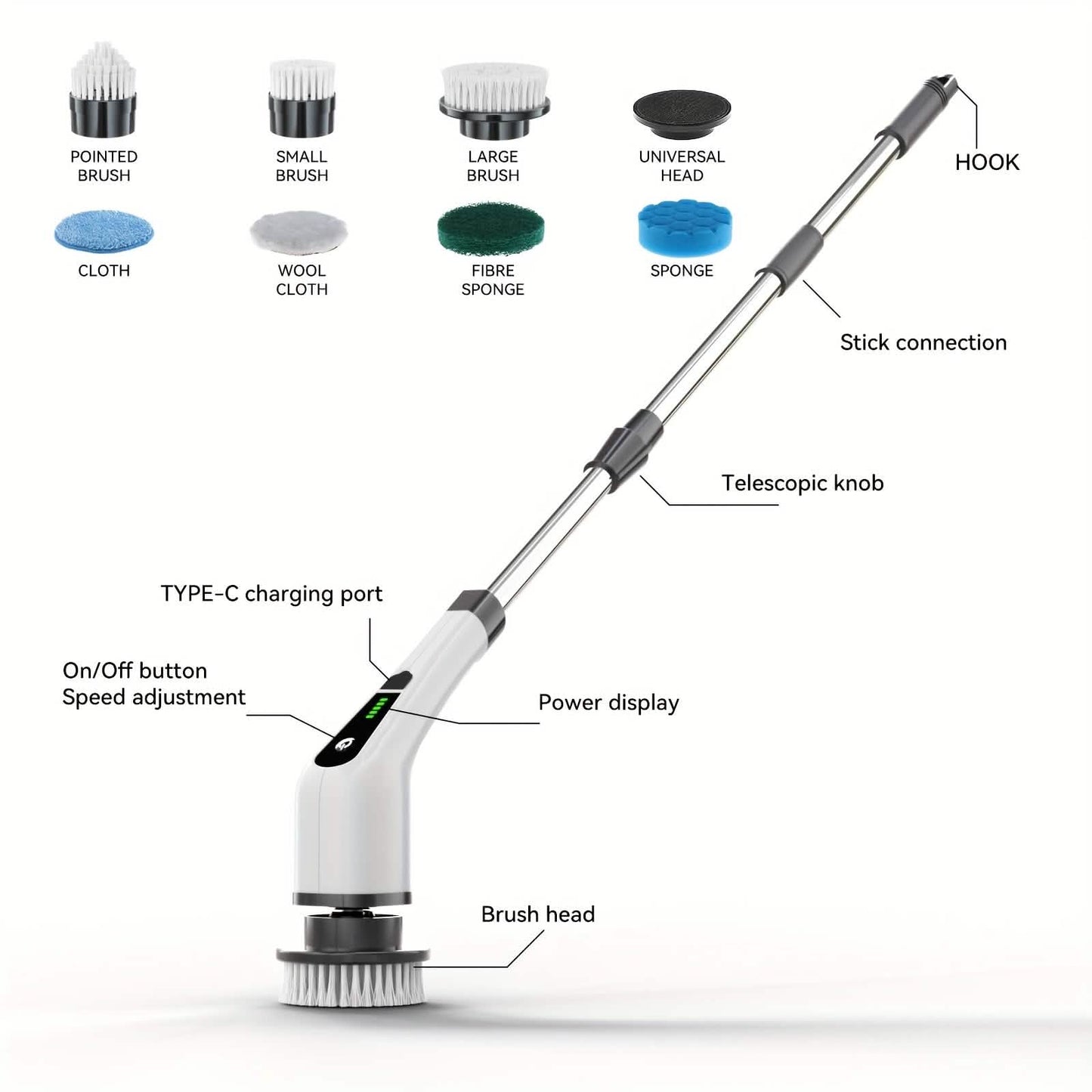 Electric Rotary Scrubber with Replaceable 8 Brush Heads and Adjustable Extension Handle DailySale