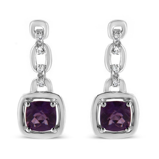 .925 Sterling Silver 6x6MM Cushion Shaped Natural Purple Amethyst and Diamond Accent Drop and Dangle Earrings (I-J Color, I1-I2 Clarity) Bids.com