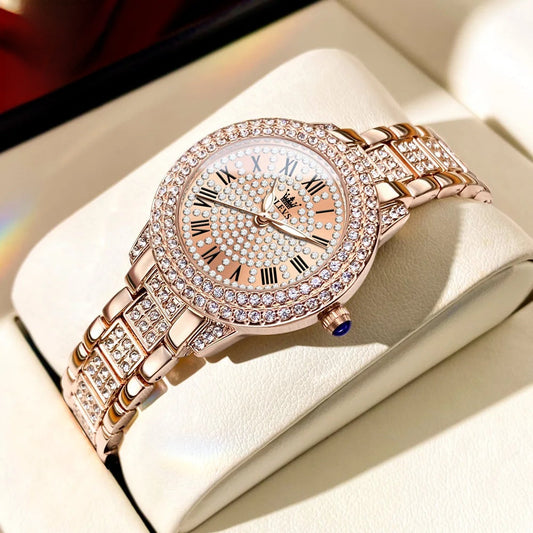 Women's Rose Gold Crystal Roman Numeral Watch Elegant BandsCo Straps