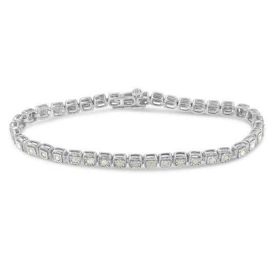 .925 Sterling Silver 1.0 Cttw Diamond Miracle-Set Square Milgrain 7" Link Tennis Bracelet (I-J Color, I3 Clarity) Bids.com