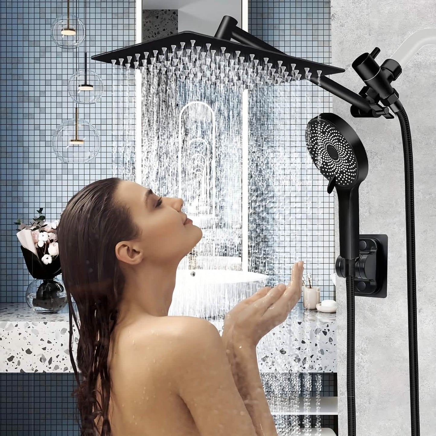 High Pressure Rainfall & Handheld Shower Head – Adjustable, Chrome/Black DailySale