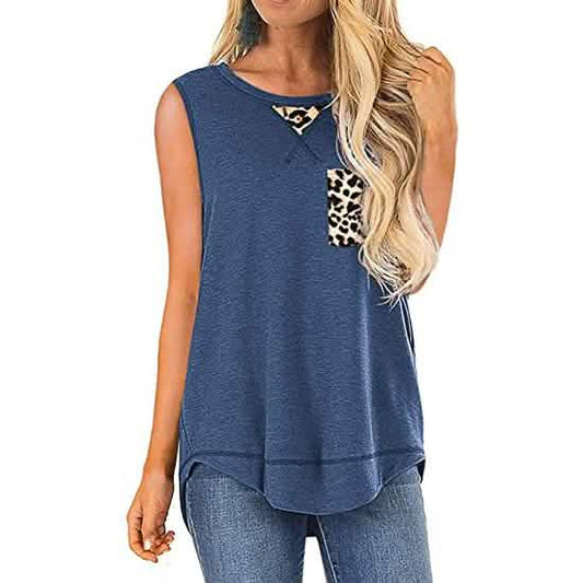 Women's Summer Tank Tops Leopard Pocket Sleeveless Blouse DailySale