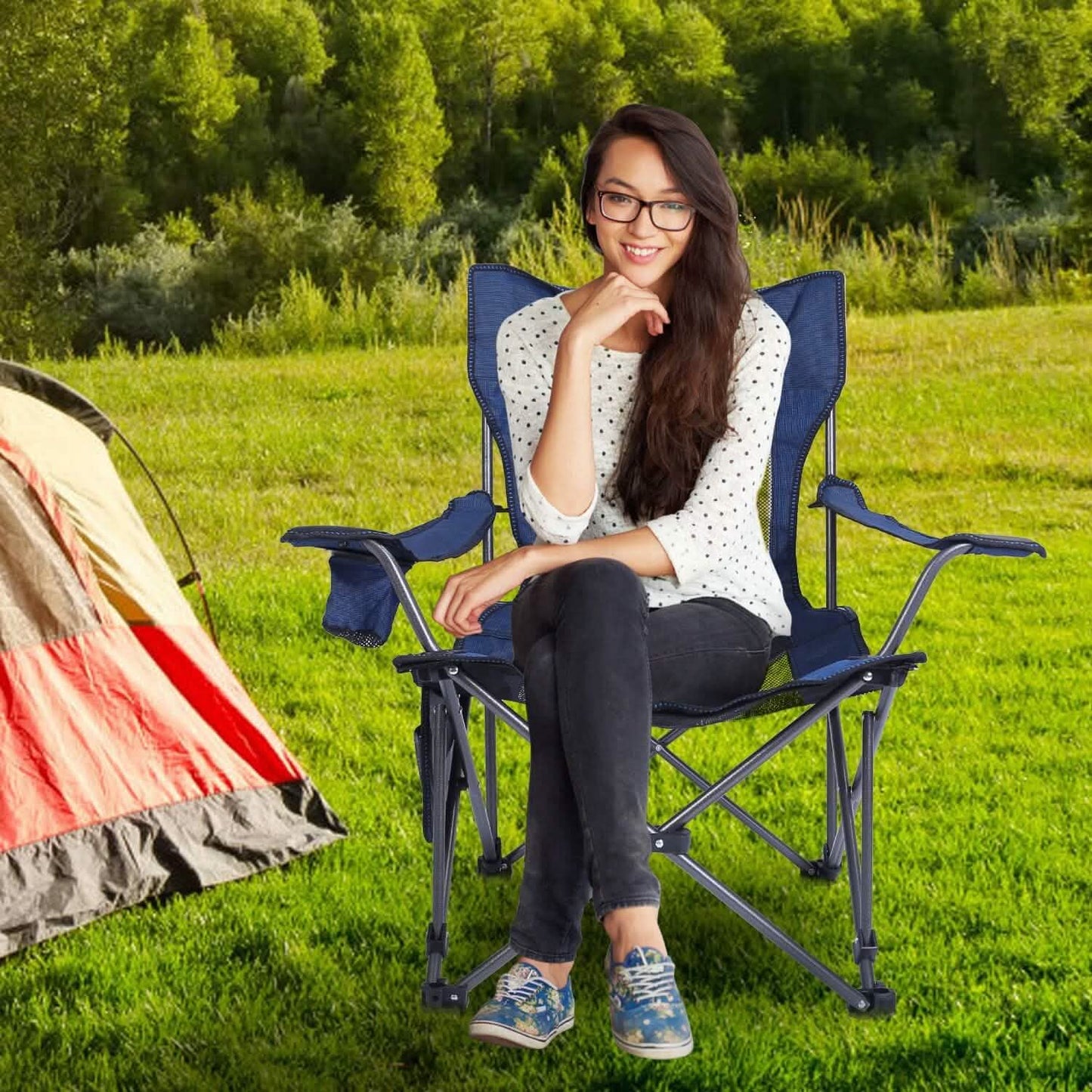 Foldable Camping Chair Heavy Duty Steel Lawn Chair with Reclining Backrest Angle DailySale