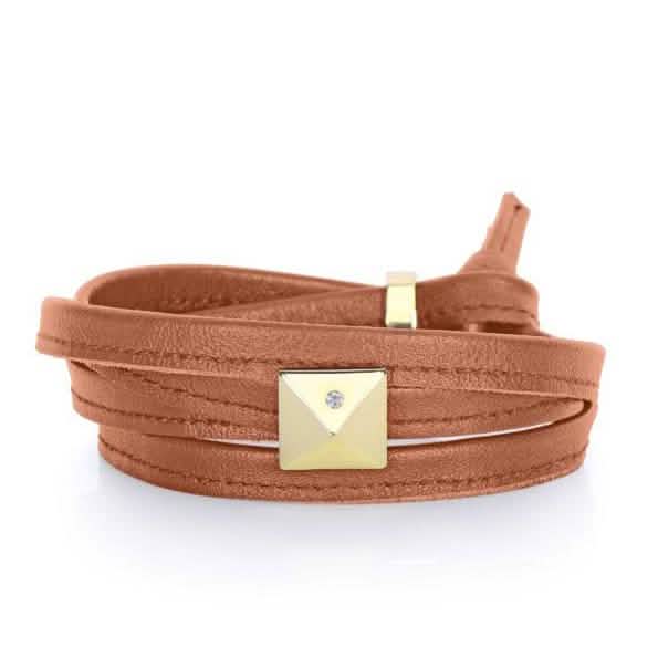 Genuine Multi Wrap Luggage Brown Leather Bracelet with Goldtone Pyramid Stud DailySale