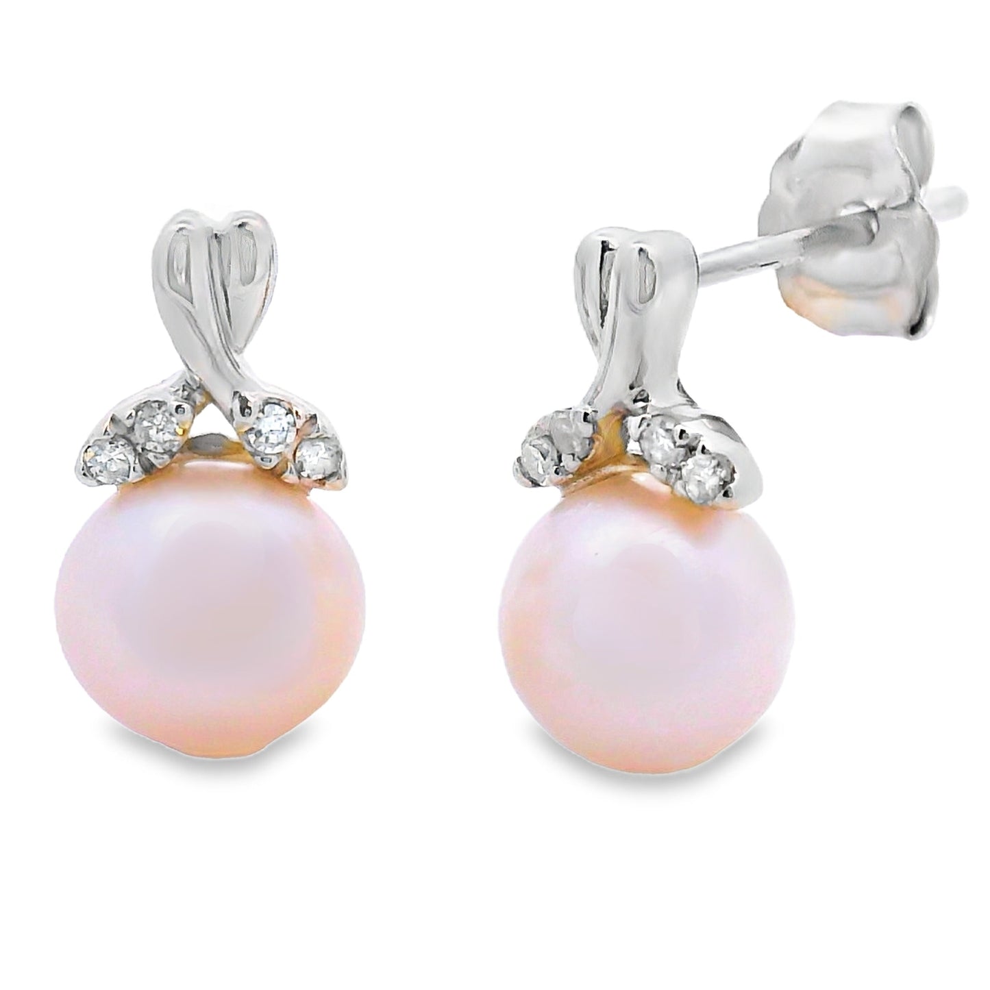 Natural .05ct FW Pearl Diamond Earrings 10KT White Gold Bids.com
