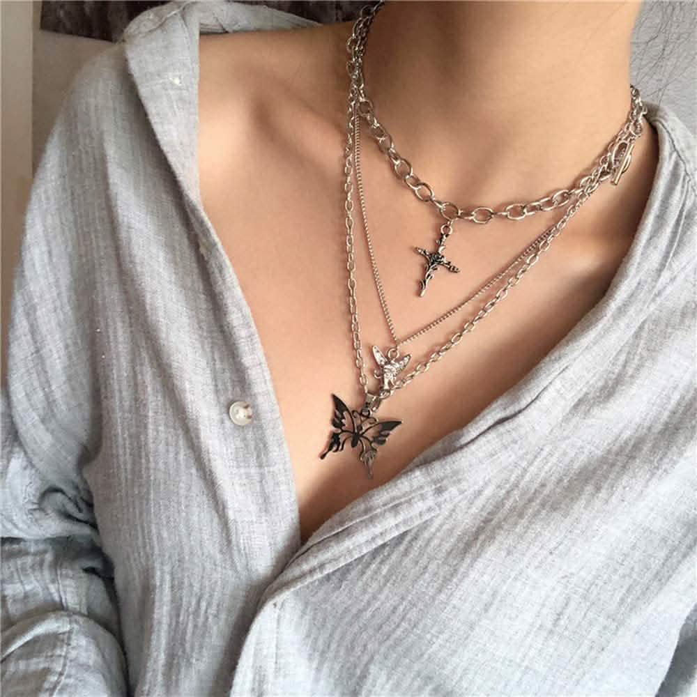 Layered Butterfly Cross Angel Pendant Necklace DailySale