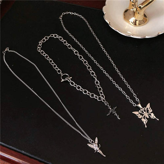 Layered Butterfly Cross Angel Pendant Necklace DailySale